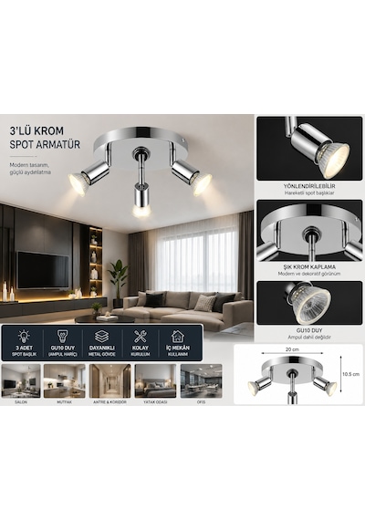 3'lü Krom Spot Armatür GU10 Duy Metal Tavan Spotu Modern Salon Aydınlatması (Ampul Hariç)