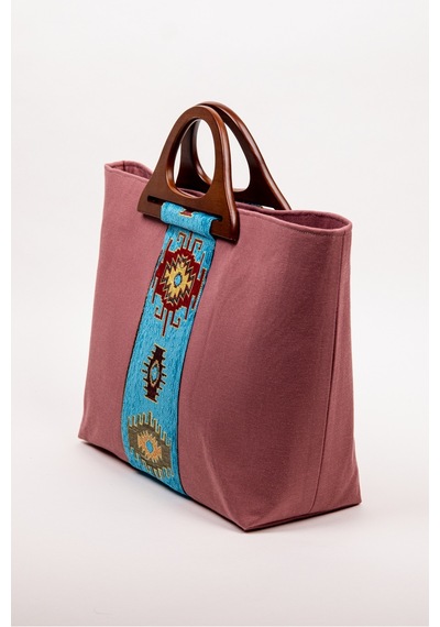 Fabric Craft Bag El Çantası Pembe Duck Kumaş Ahşap Saplı Lila - Pembe