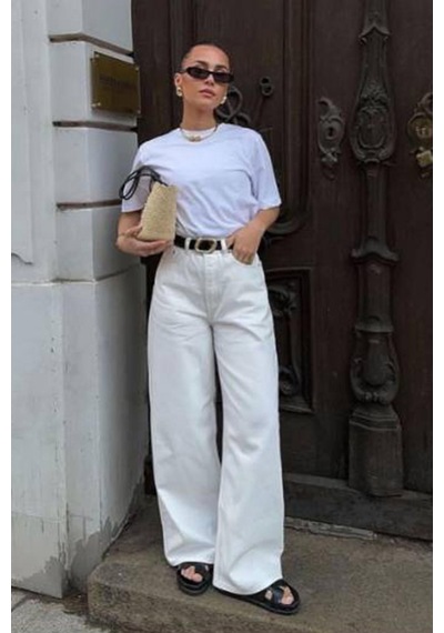 Seeh Beyaz Basic Wide Leg Kadın Jean Sh273