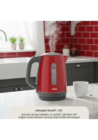 Sinbo Sk-8031 Su Isıtıcı Kettle Paslanmaz Çelik, 1.8 L, Inox, Otomatik Kapanma Kırmızı Açık Gri