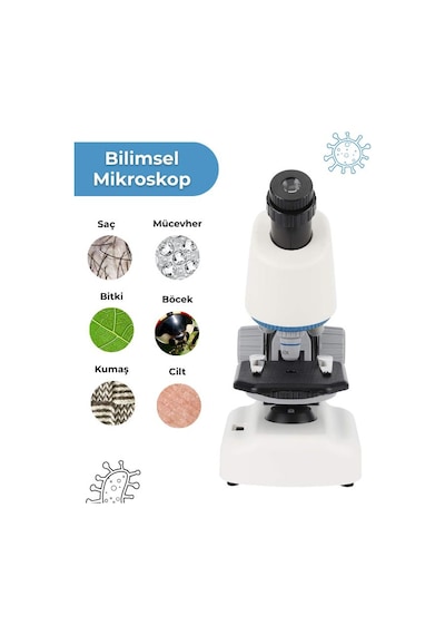 Temel Beyaz Stem Mikroskop Seti 100x 400x 1200x Plastik Gövdeli Bilim Kiti