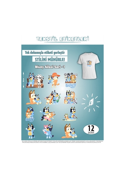 Ütü İle Yapışan Kıyafet Etiketi Bluey Serisi -1 12lı Set Karışık