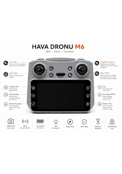 M6 Hava Dronu 3 Kameralı Ekranlı Kumanda Elektikli Kamera Havada Sabit Kalma 360 Derece Engel Kaçınma Başsız Mod Rota Uçuşu 360 Derece Takla