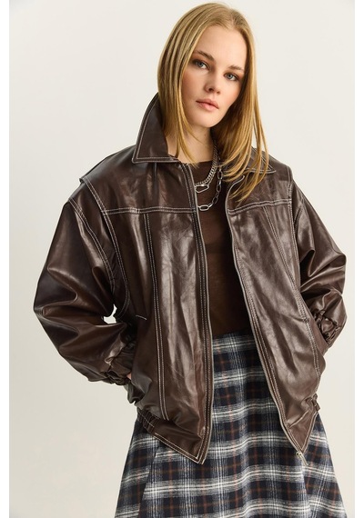 Shade Kadın Dikiş Detaylı Astarlı Beli Lastikli Cepli Oversize Suni Deri Ceket 3173 60283894 - Kahverengi Shade Kadın Dikiş Detaylı Astarlı Beli Lastikli Cepli Oversize Suni Deri Ceket 3173 60283894 - Kahverengi