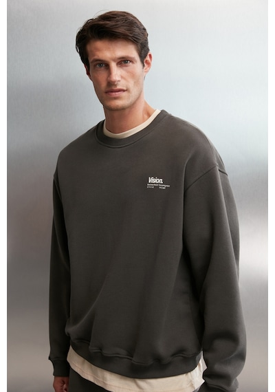 Grimelange Ernest Erkek Yumuşacık Kumaşlı Oversize Fit Yuvarlak Yakalı Baskılı Gri Sweatshirt