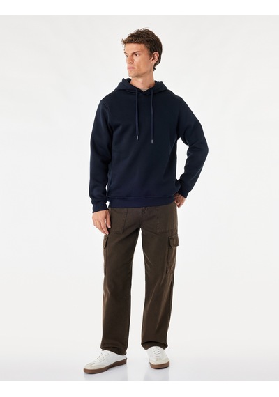 Koton Şardonlu Uzun Kollu Basic Kapşonlu Sweatshirt Lacivert 7wam70001mk