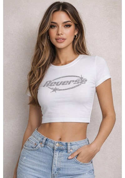 Bozzbozzcollection Kadın Reverse Taş Baskılı Crop Beyaz