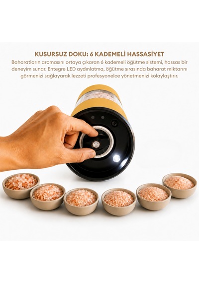 Pizen Windmill Usb Şarjlı Otomatik Baharat Öğütücü Led Işıklı Ayarlanabilir Tuz Karabiber Değirmeni Sarı
