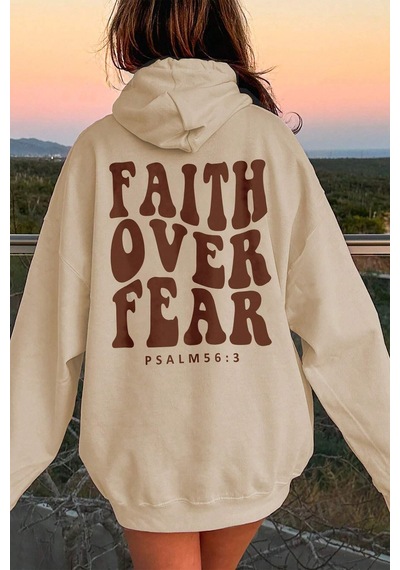 Faith Over Baskılı Oversize Sweatshirt Bej