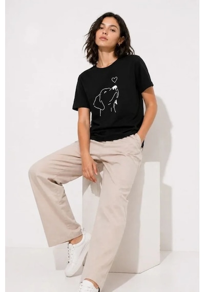 Defymoda Köpek Figürlü Minimal Baskılı Tişört Kısa Kol Yazlık T-shirt - Siyah