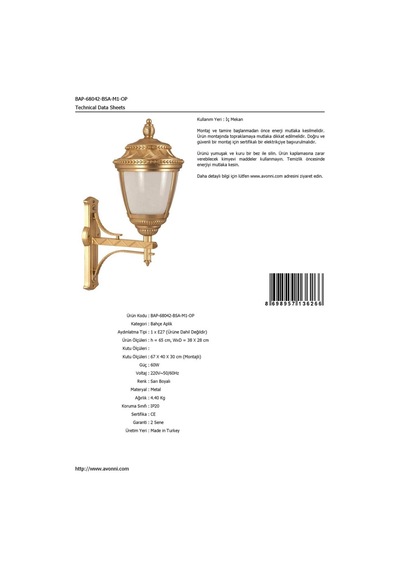 Avonnı Bap-68042-bsa-m1-op Sarı Elektrostatik Toz Boyalı Dış Mekan Aydınlatma, E27, Aluminyum, Polikarbon Cam, 38x28cm Sku: Smgstk1b9f146540