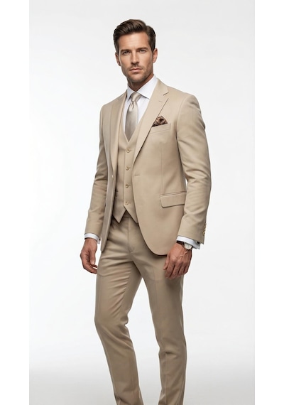 Erkek 3 Parça Slim Fit Takım Elbise Klasik Likralı Kumaş, Tek Düğme, Çift Yırtmaçlı Modern Kesim Ceket Yelek Pantolon Bej