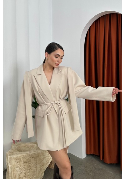 Msm Fashion Kadın Oversize Blazer Ceket Kuşaklı Omuz Detaylı Bej