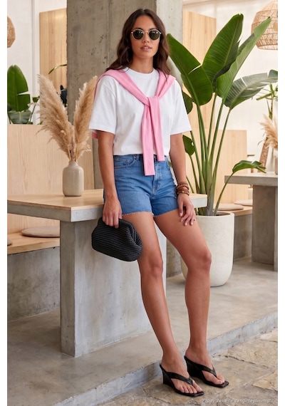 Lela Rahat Kalıp Bisiklet Yaka Omuz Şal Detaylı T Shirt Bayan T Shirt 5867044 Ekru-pembe