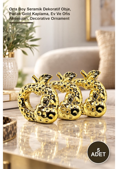 5 Adet Dokulu Çift Elma Biblo Orta Boy Seramik Dekoratif Obje, Parlak Gold Kaplama, Ev Ve Ofis Aksesuarı, Decorative Ornament