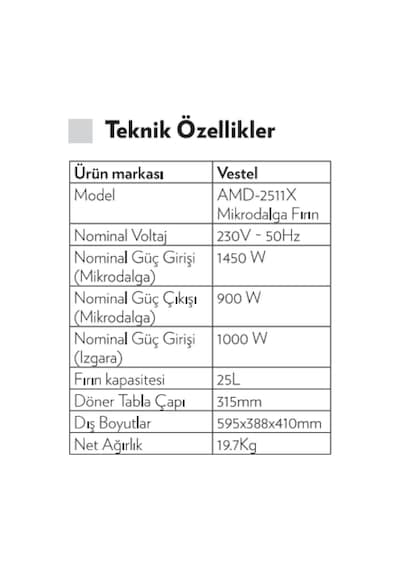 Vestel AMD-2511 X 1000 W 25 LT Ankastre Mikrodalga Fırın