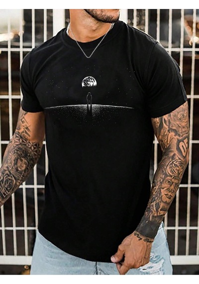 Aydaki Adam T-shirt - Siyah Baskılı Oversize Bisiklet Yaka Kısa Kol Tişört Siyah