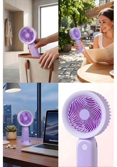 Şarjlı Taşınabilir Mini El Fanı 3 Kademeli Hız Ayarlı Telefon Standlı Vantilatör Mor