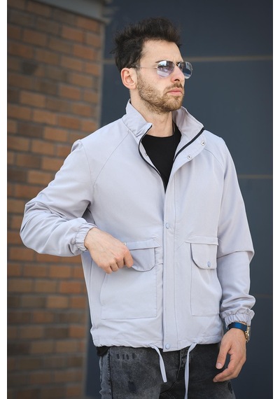 Oksit Juan Slim Fit Su İtici Bağcık Detaylı Kapüşonlu Erkek Mevsimlik Mont Yağmurluk Gri