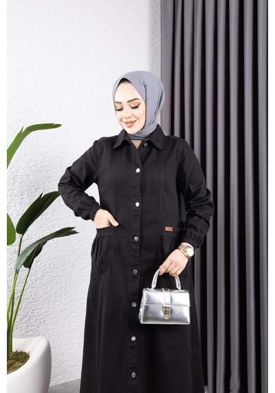 Harman Butik Kadın Düğmeli Torba Cepli Gabardin Kap Siyah Siyah