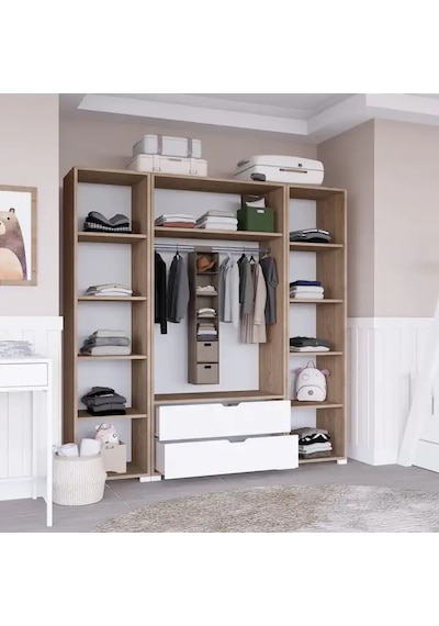Nisan Açık Ceviz-beyaz 4 Kapılı 2 Çekmeceli Elbise Dolabı - Gardırop Seti Açık Ceviz & Beyaz Nisan Açık Ceviz-beyaz 4 Kapılı 2 Çekmeceli Elbise Dolabı - Gardırop Seti Açık Ceviz & Beyaz