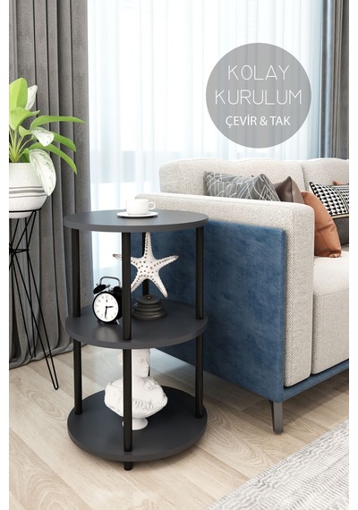 3 Raflı Yuvarlak Tasarım Çevir Tak Yan Sehpa Kitaplık Özel Tasarım Dekoratif Gri