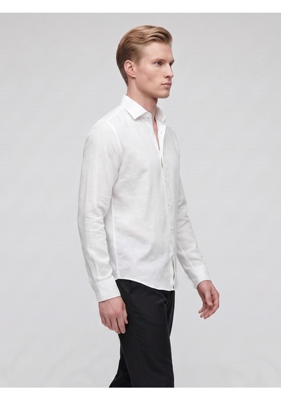 Plus Scorpion Erkek Keten Müslin Gömlek Slim Fit Düğmeli Yaka Uzun Kollu Yazlık Gömlek Beyaz