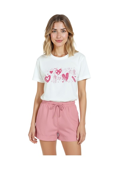 Kadın Beyaz Relaxed Fit %100 Pamuk Tişört Pembe Doodle Kalp Sır Beyaz