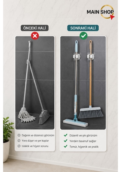 Mainshop 4 Lü Ekonomik Paket Mop Süpürge Tutucu - Yapışkanlı Delmesiz Paspas Askısı M-310 Beyaz