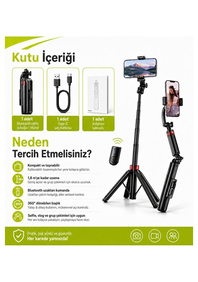1,8 Metre Bluetooth Selfie Çubuğu Tripod Uzaktan Kumandalı 360 Döner Type-c Şarjlı