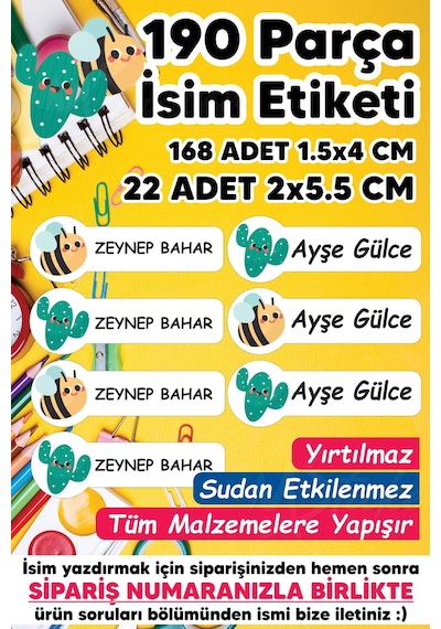 Okul Etiketi Kalem Defter Etiketi Arı Ve Kaktüs Temalı Özel Isim Yazılabilen Etiket - 190 Adet