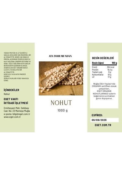 Eget Ata Tohumundan Organik Nohut 1 KG