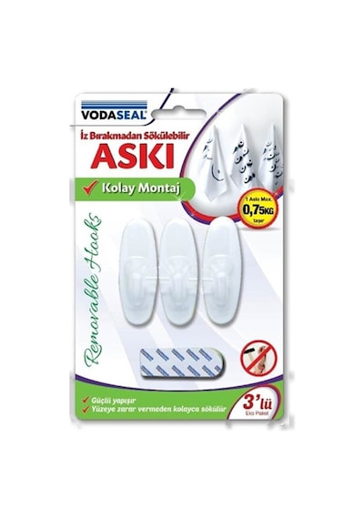 Vodabond Beyaz Küçük 3 Lü Askı Yapışkanlı Beyaz