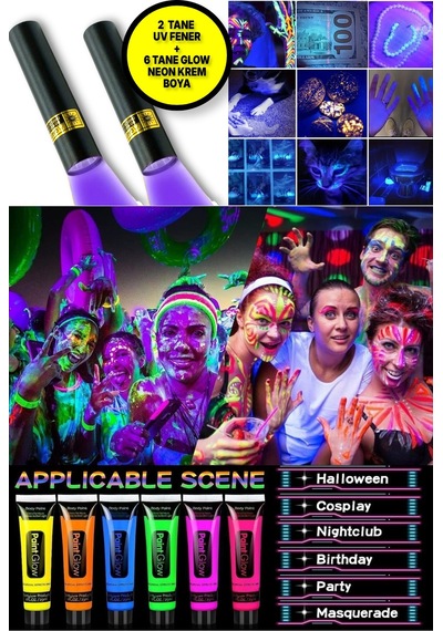 2 Adet Uv Mor Işıklı Fener + Loş Işıkta Parlayan Neonlu Glow Parti Yüz Boyası 6 Renk - 6 Adet