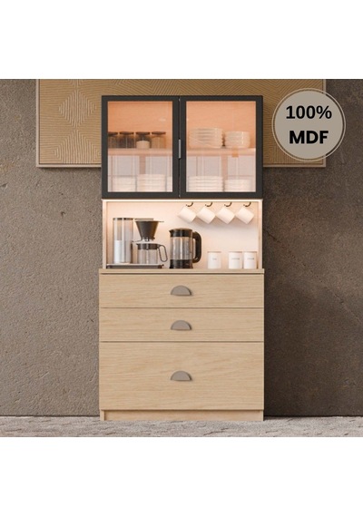 Ladin Mdf Kahve Köşesi Dolabı Çekmeceli Işıklı Bej