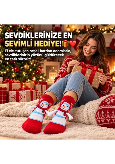 Genel Kadın Kırmızı Kardan Adam Desenli Yılbaşı Çorabı 3d Kollu Sevimli Ve Şık Kışlık Kırmızı / 39-44