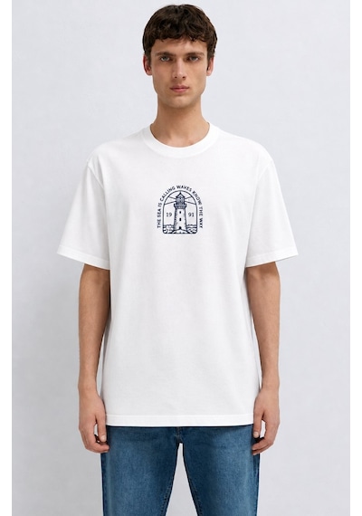 Mavi M0613283-620 Deniz Feneri Baskılı Tişört Erkek T-shirt Beyaz