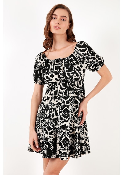 Lela Desenli Slim Fit Önden Bağlamalı Mini Bayan Elbise 5865728 Siyah