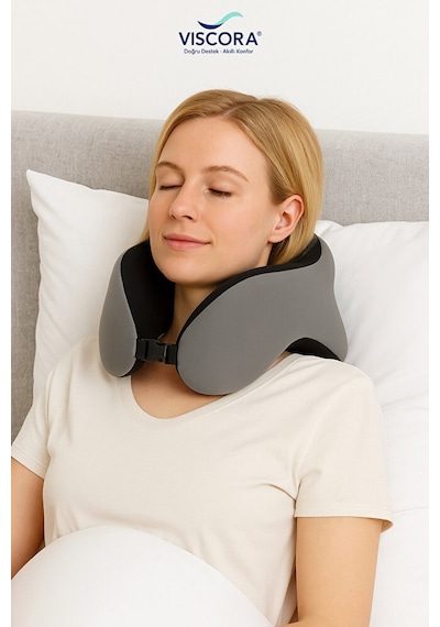 Vıscora Space Memory Foam Ortopedik Boyun Yastığı Seyahat Ve Ofis Kullanımı Gri - Siyah