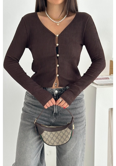 Noa & Noa Kadın Düğme Detaylı Fit Triko Bluz Zarif & Modern Stil Kahverengi