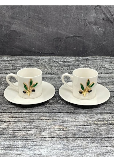 El Yapımı Zeytin Dalı - 4 Parça 2 Kişilik Kahve Fincan Takımı 80 Ml- Seramik Türk Kahve Bardağı Diğer