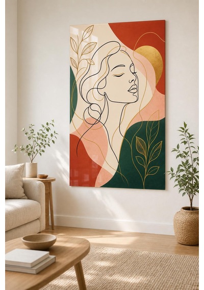 Kadın Portre Desenli Baskılı Cam Tablo Modern Line Art Uv Baskı Duvar Tablosu