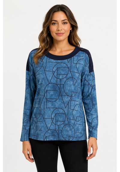 Neden Tekstil Kadın Desenli Uzun Kollu Rahat Fit Bluz - Mavi