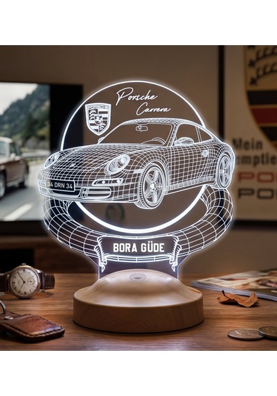 Porsche 911 Carrera Kişiye Özel 3d Led Lamba, Porsche Sevene Hediye, Klasik Spor Araba Tutkununa İsimli Masa Lambası