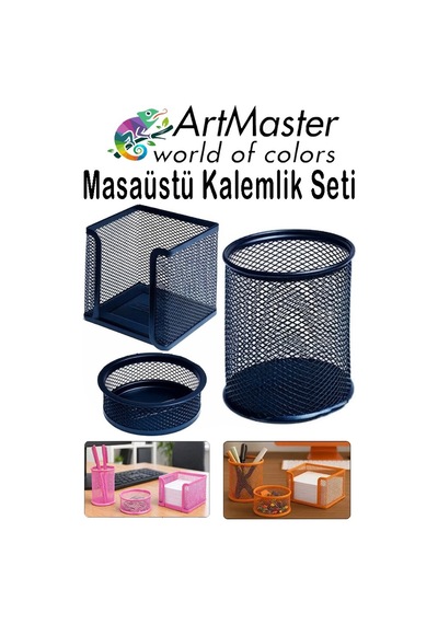 Lacivert Masaüstü Fileli Kalemlik Seti 3 Parça 1 Paket 3 Lü Masa Üstü Düzenleyici Kalemlik Küp Notluk Ataşlık Lacivert