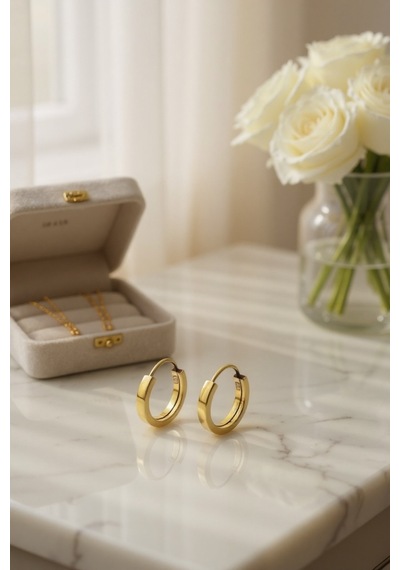Çgk Çiğdem Gürel Kuyumculuk 14 Ayar 13 Mm Tek Parlak Yüzeyli Şık Halka Küpe Altın Renk Gold