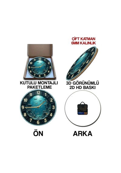 Derin Mavi Atlantis Zamanı 3d Duvar Saati Sdw262 Renkli