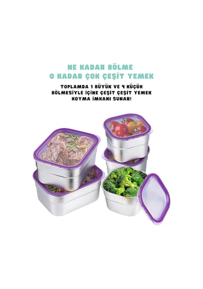 Vagonlife Bento 1000ml Lunchbox Tek Katlı 5 Bölmeli Çelik Sefer Tası Yemek Kutusu Mor Diğer