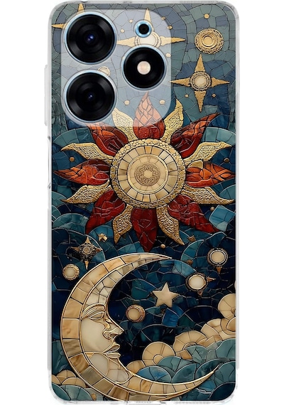Printify Tecno Spark 10 Pro İle Uyumlu Vitray Sol Ve Luna Tasarımlı Şeffaf Silikon Kılıf Şeffaf