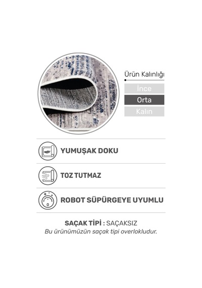 Mokka Modern Halı Yumuşak Dokulu, 9 Mm Orta Kalınlık, Tozumaz Ve Robot Süpürge Uyumlu Gri-Mavi